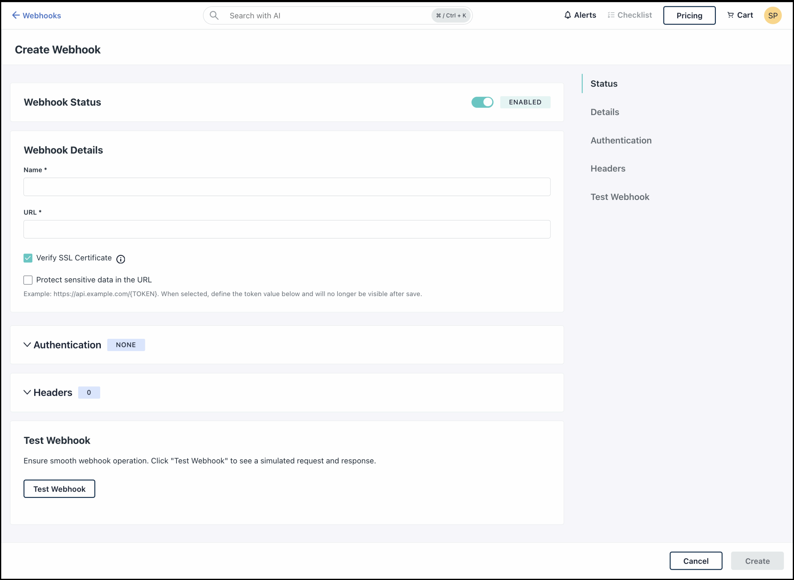 This image displays the webhook creation page with different options.