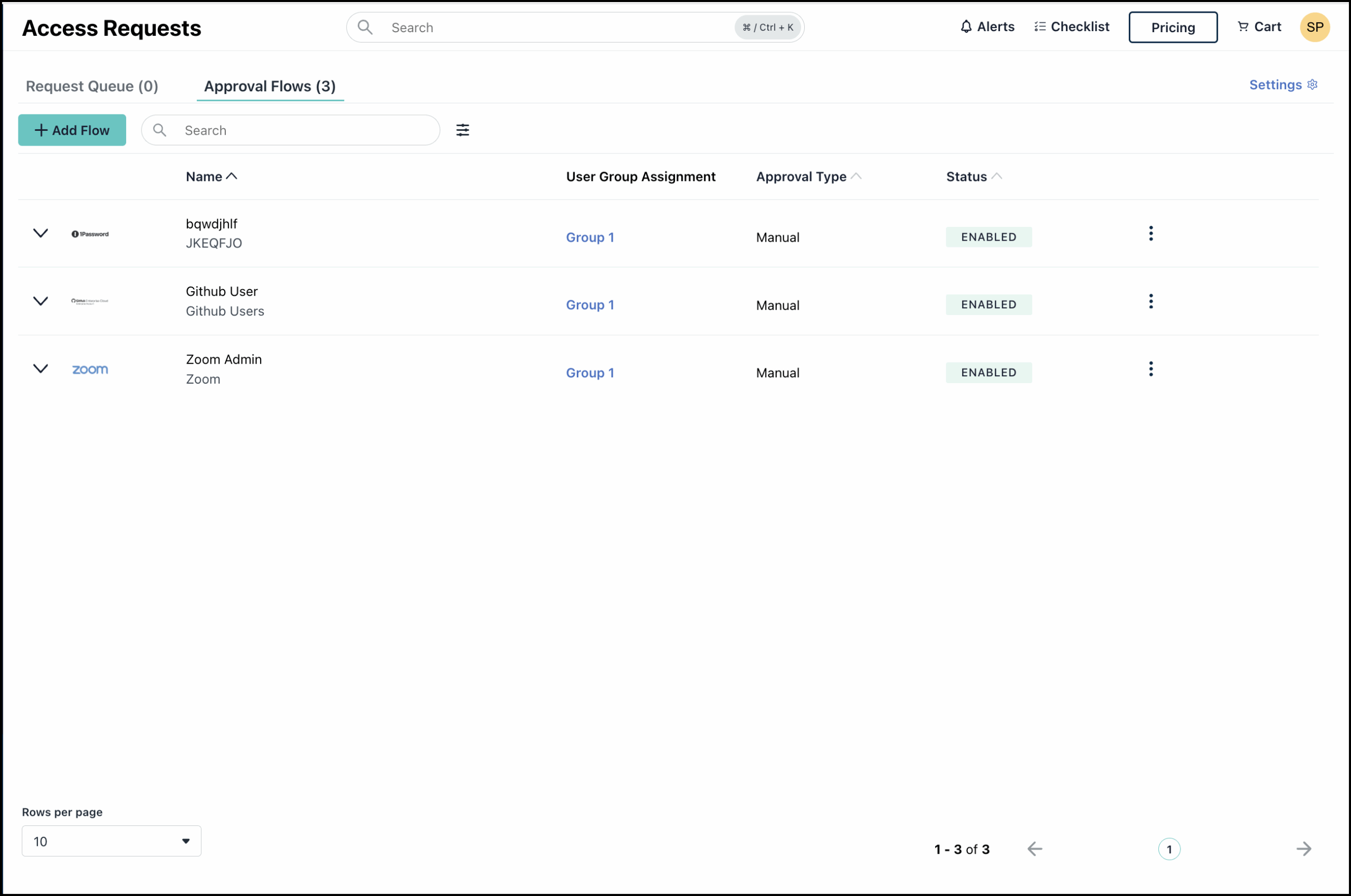 This displays the Access Requests page with the Approval Flow options.