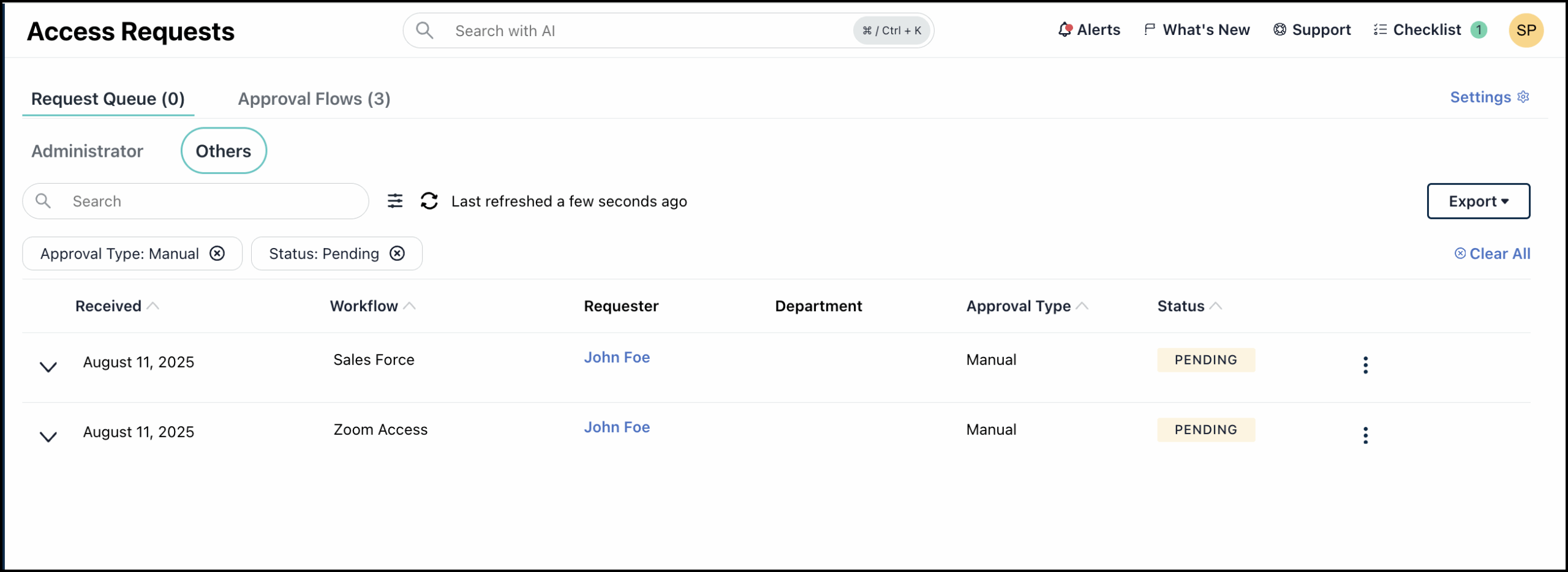 This displays the Requests Queue page with the requests in the Others tab