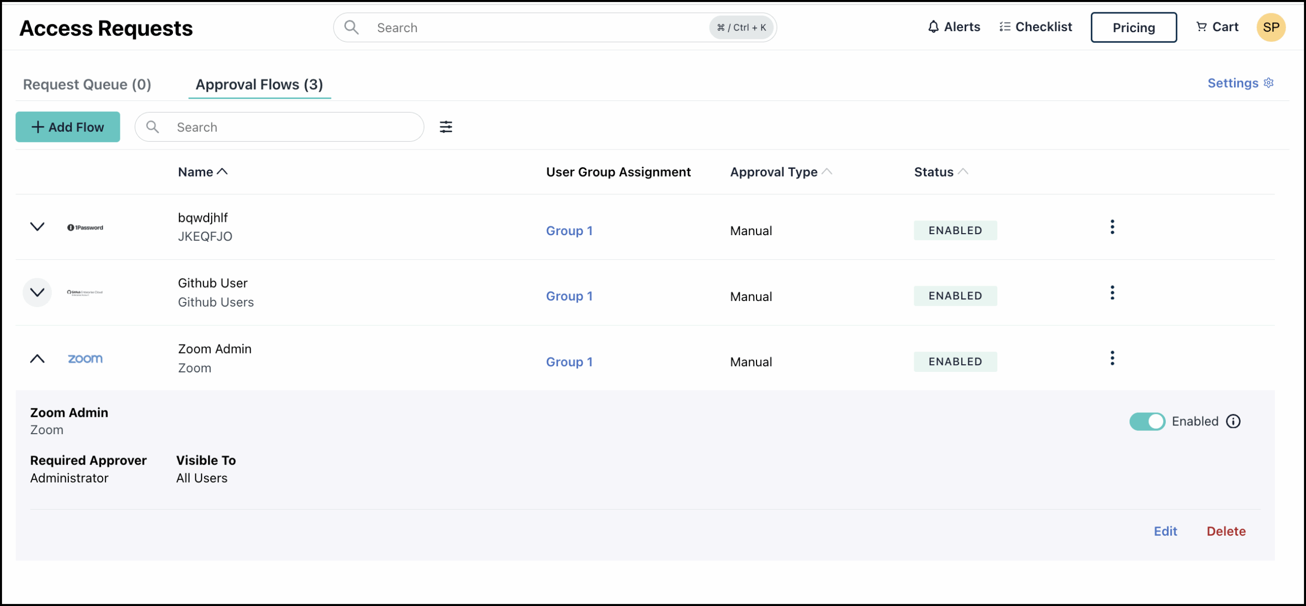 This displays the approval flow page with expanded approval flow details.