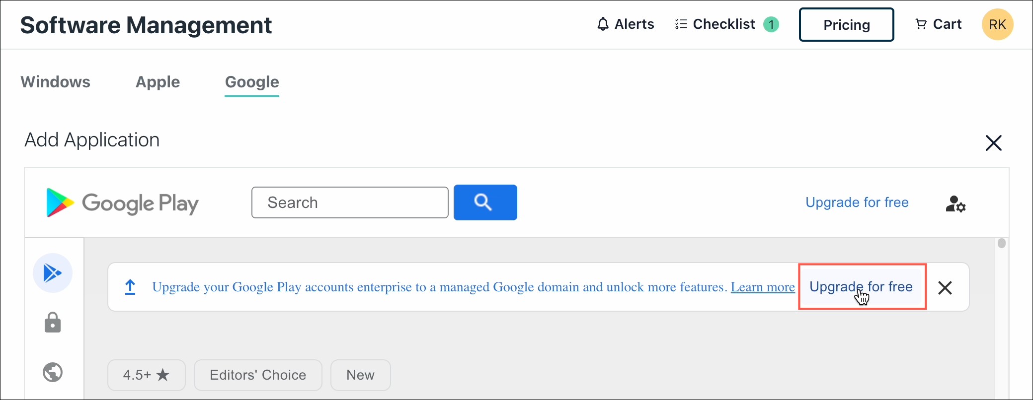 Banner that appears in Software Management to upgrade Google Play account to Enterprise Account. Click Upgrade for free.