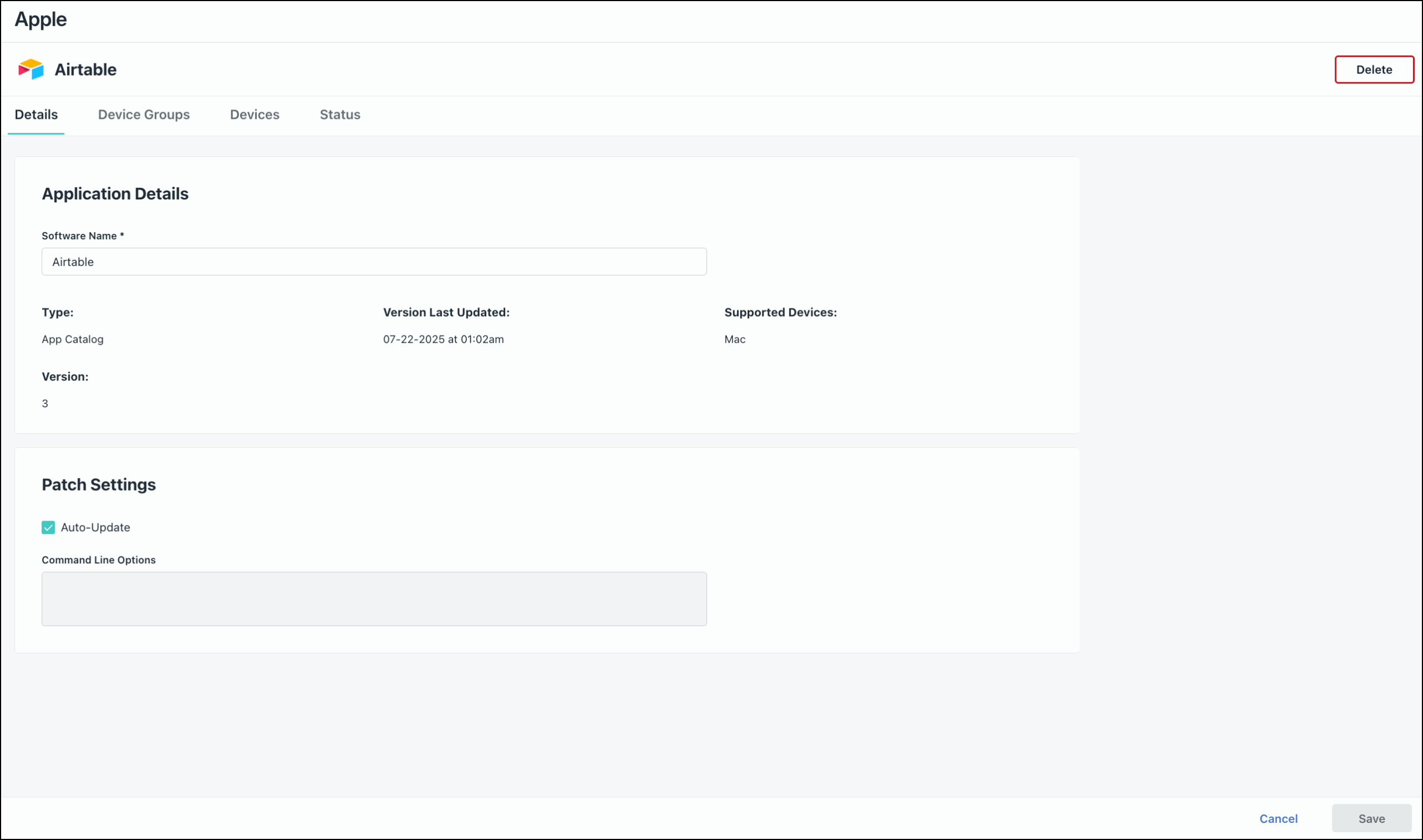 JumpCloud Application Details screen for Airtable, showing patch settings.