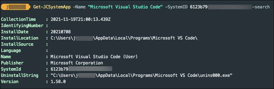A PowerShell script and its output, showing how to find an app name on a specific device using the -Search parameter.