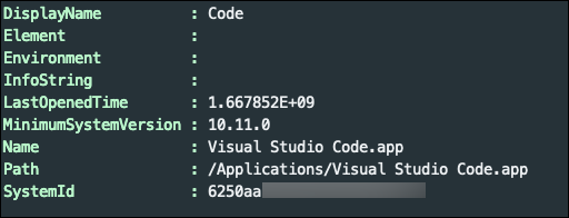 A screenshot of the output from a PowerShell script searching for an application.