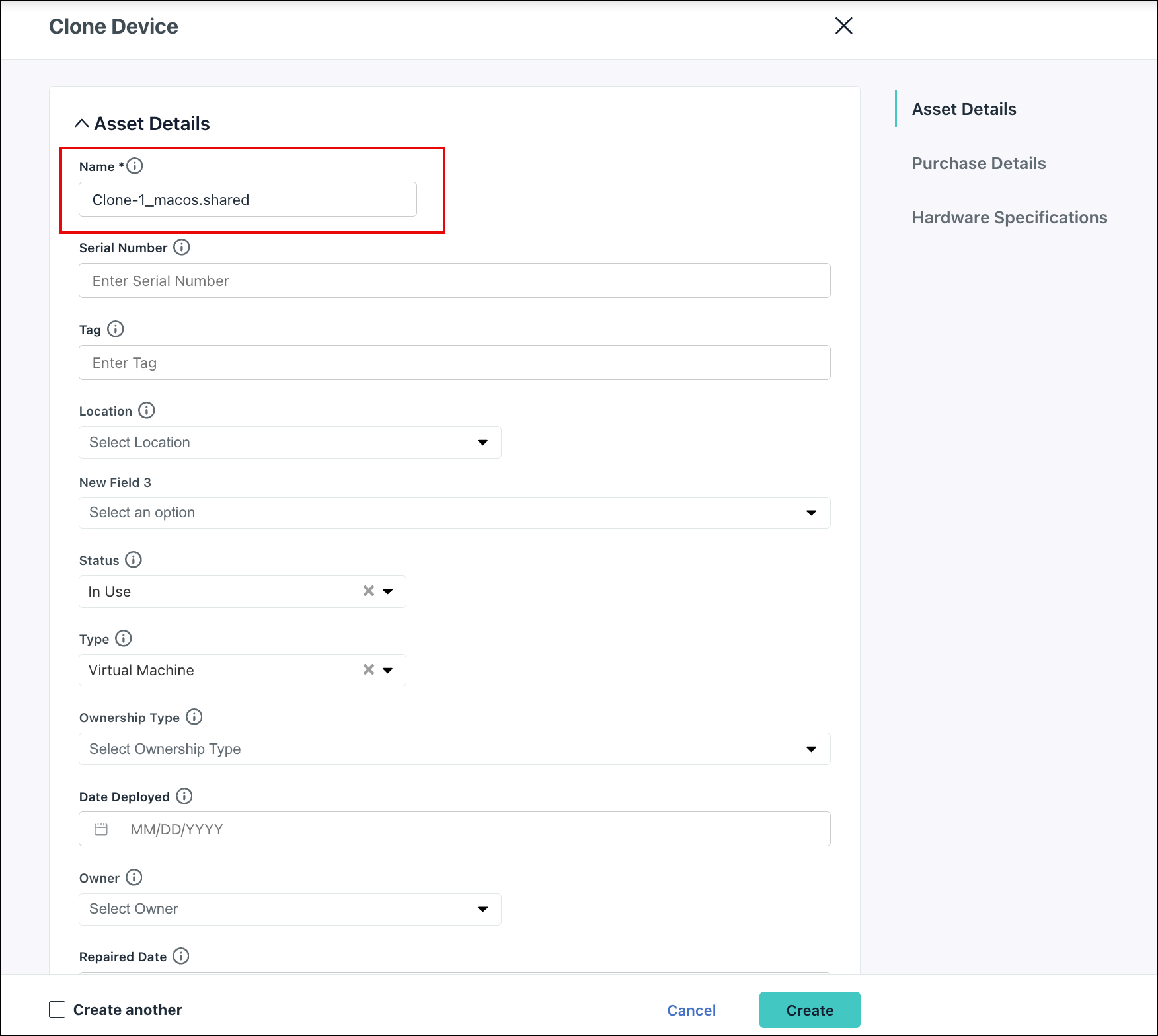 Create Clone screen for an Asset