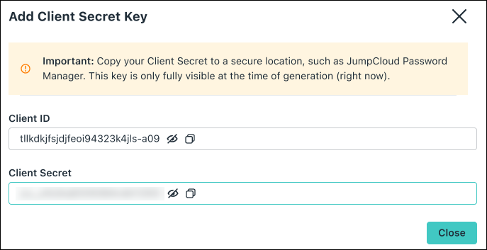 A screen showing Client ID and client secret for a service account.