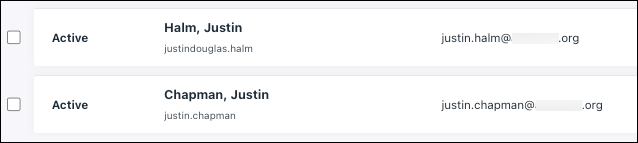 List of two active JumpCloud users named Justin