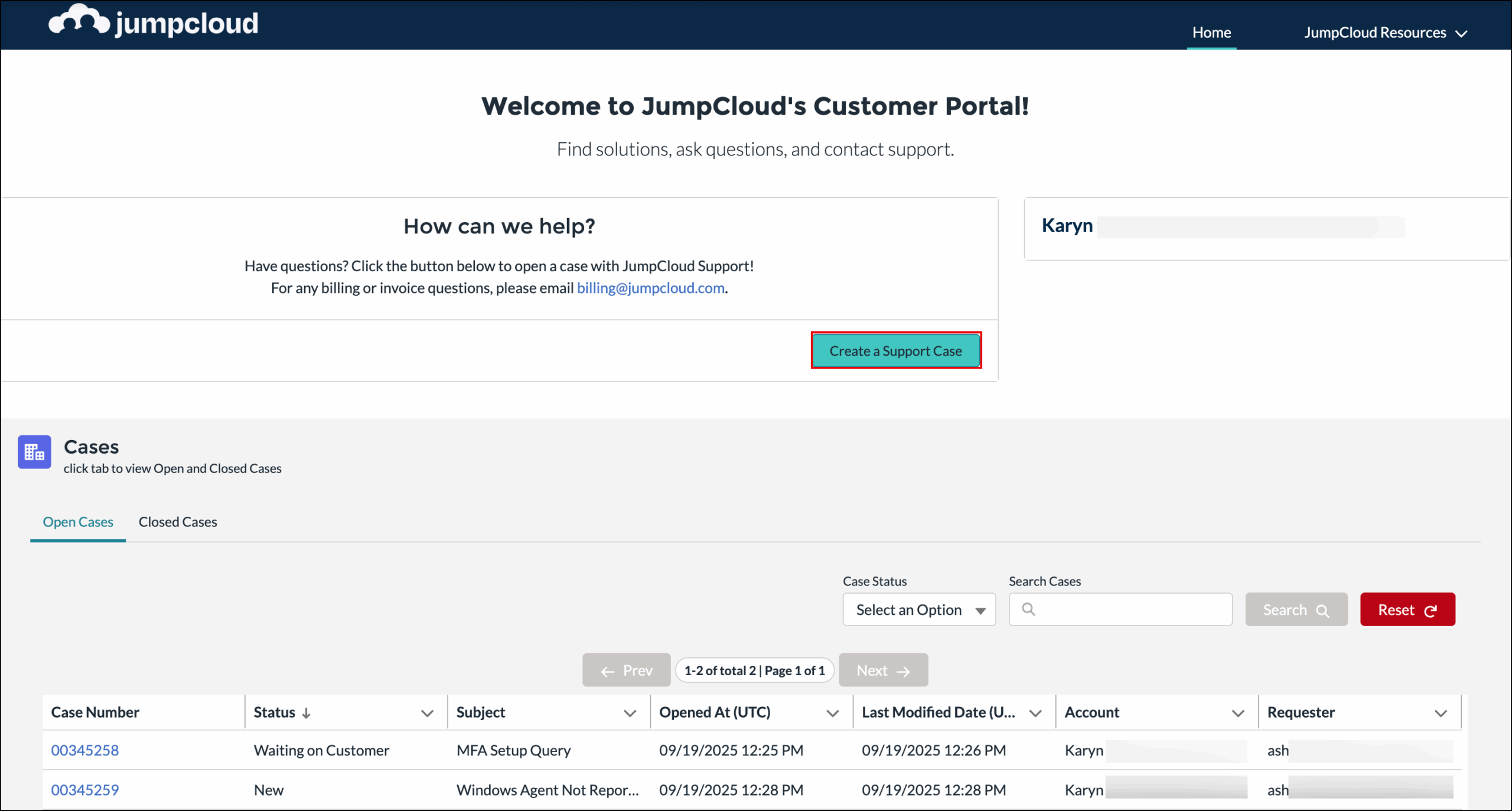 JumpCloud's Customer Portal, with 'Create a Support Case' button highlighted