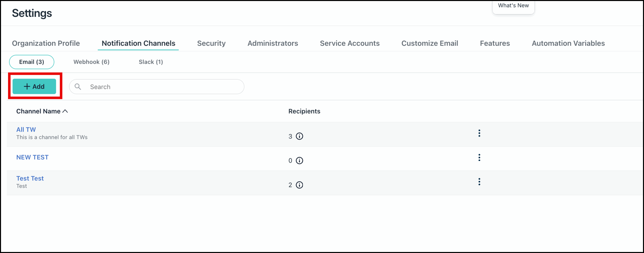 The image displays the webhook menu in Settings > Notification Channels with the Add option highlighted.