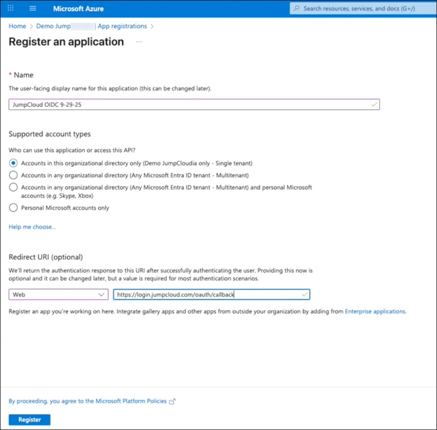 Registering the JumpCloud application in Entra ID / Azure Configuration Portal.