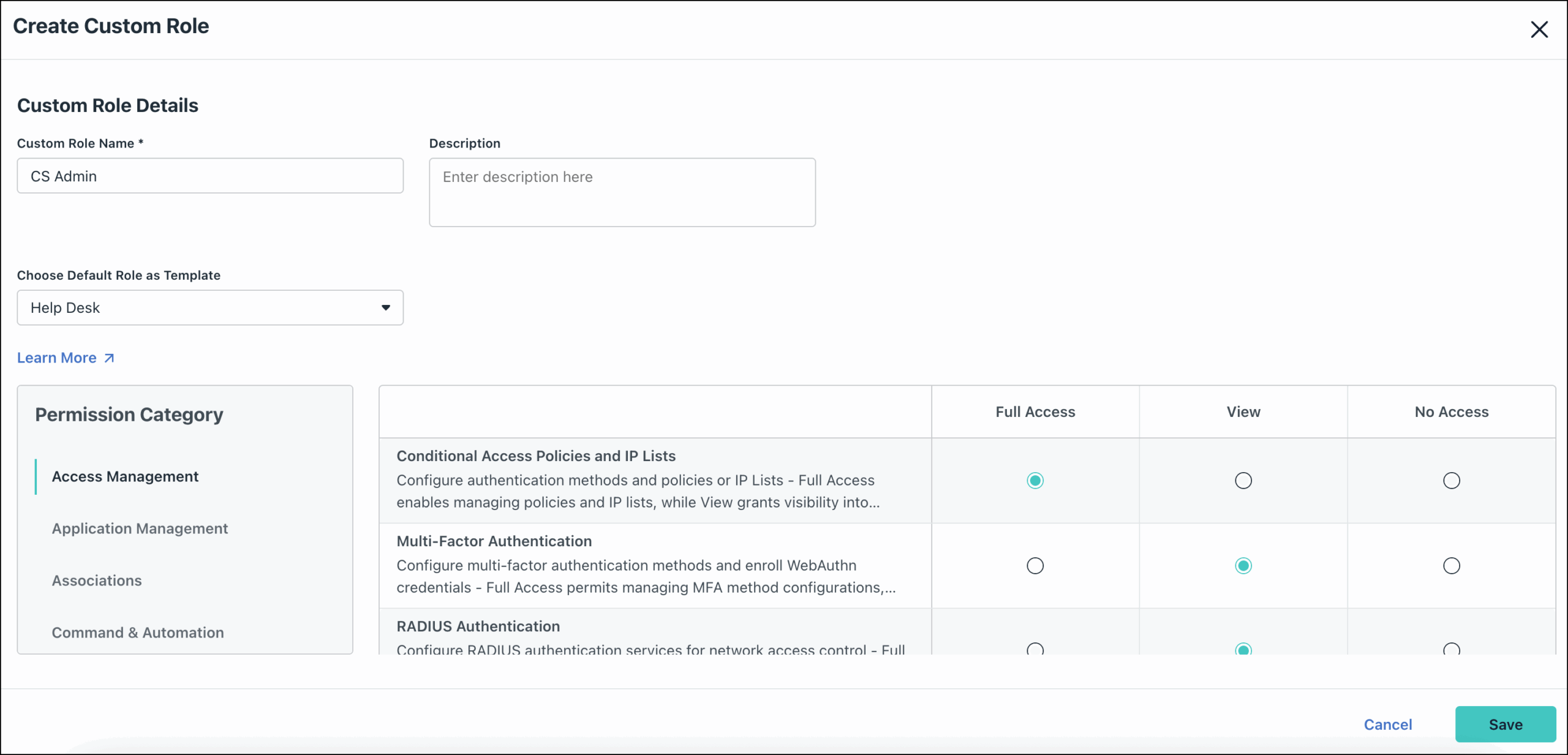 A screenshot showing the 'create custom role' page in JumpCloud Admin portal.