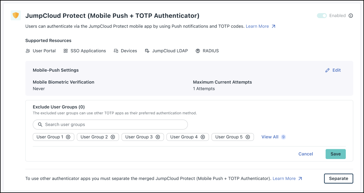 A screenshot showing Protect settings in JumpCloud Admin Portal