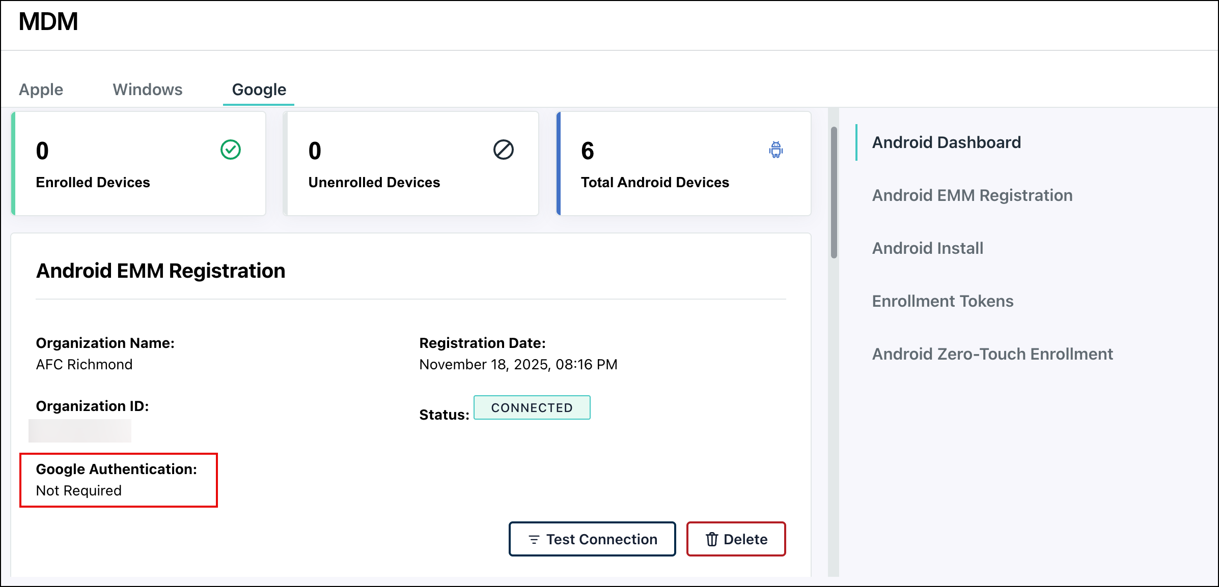 JumpCloud MDM Google tab Android EMM Registration details screen.