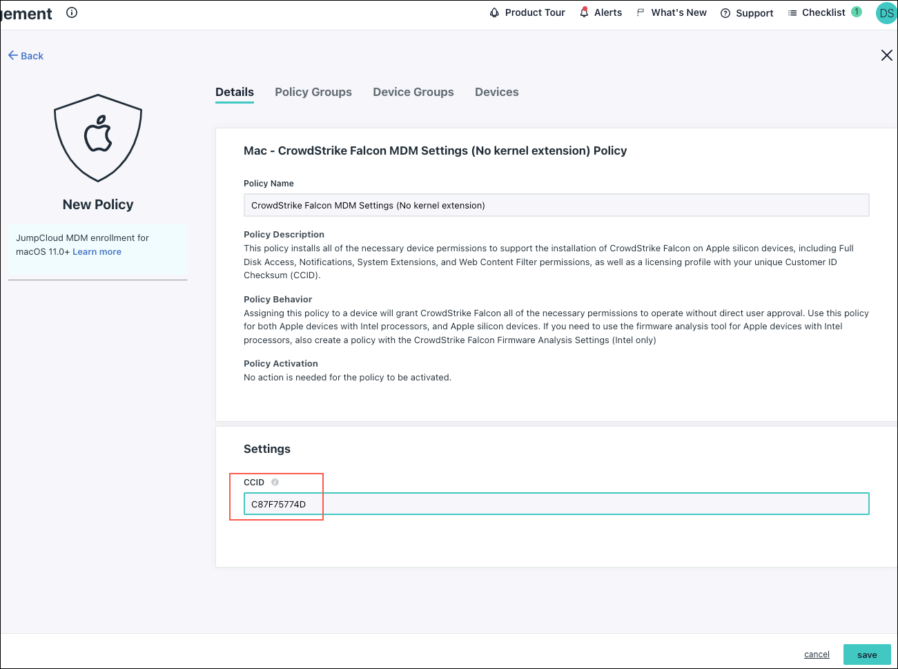 A screenshot showing CrowdStrike policy CCID in JumpCloud Admin Portal.