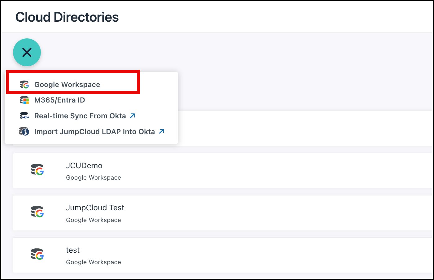 The image displays the options in the Cloud Directories page with the Google Workspace option Highlighted.