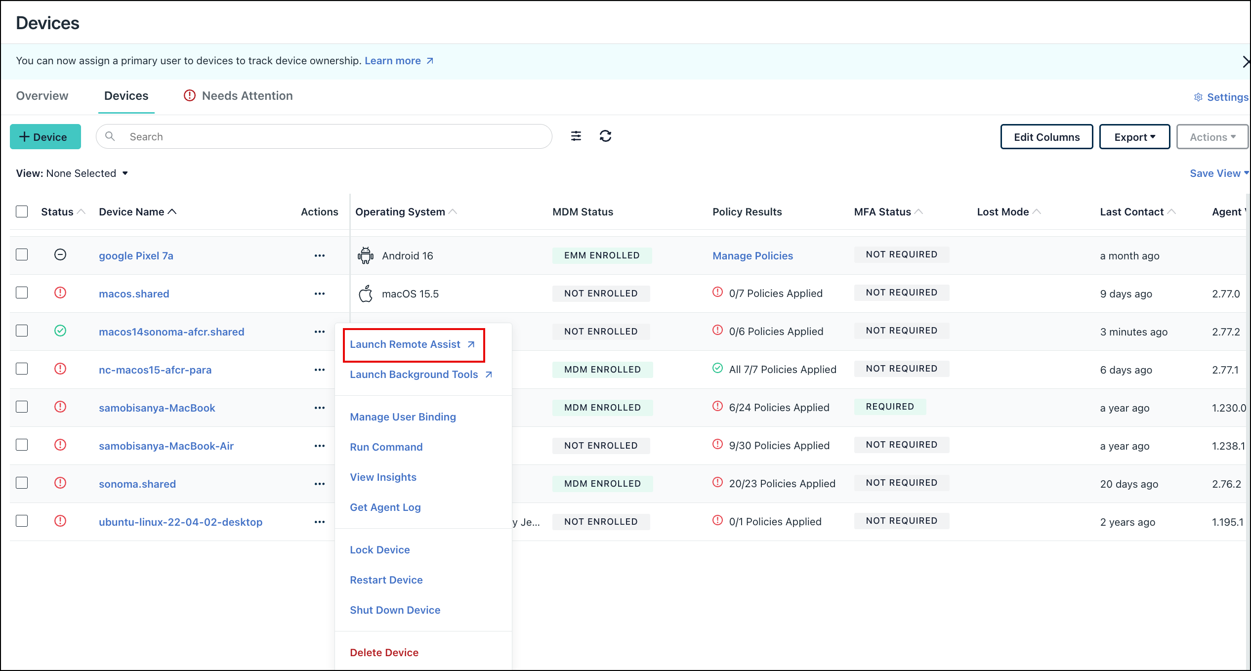 JumpCloud Devices list with the Actions menu open, highlighting Launch Remote Assist.