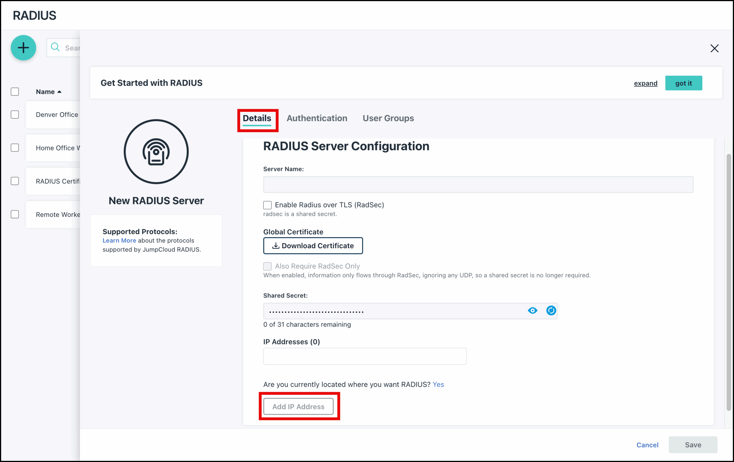 The image displays the RADIUS Server Configuration screen with Add IP Address Option highlighted.