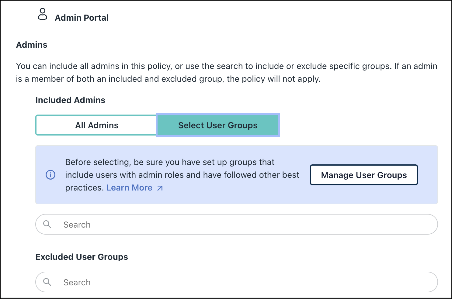 A screenshot showing the user groups section for conditional access policies