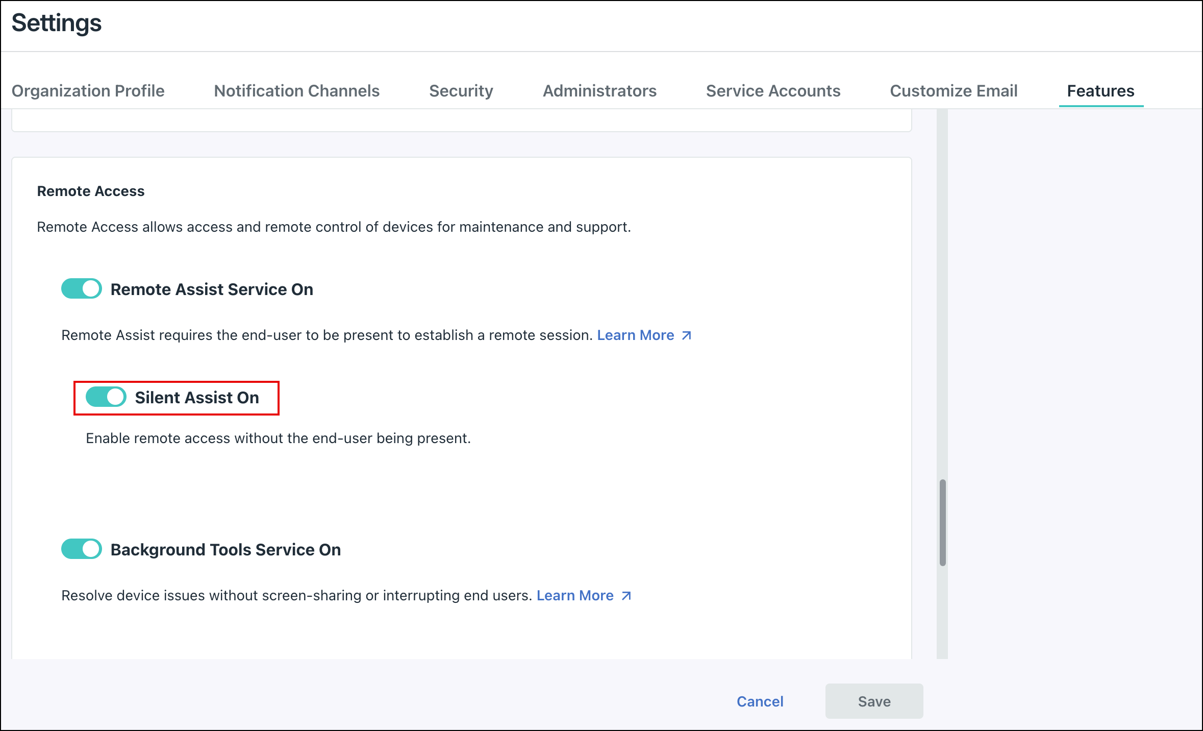 JumpCloud Settings Features tab showing Silent Assist toggle enabled.