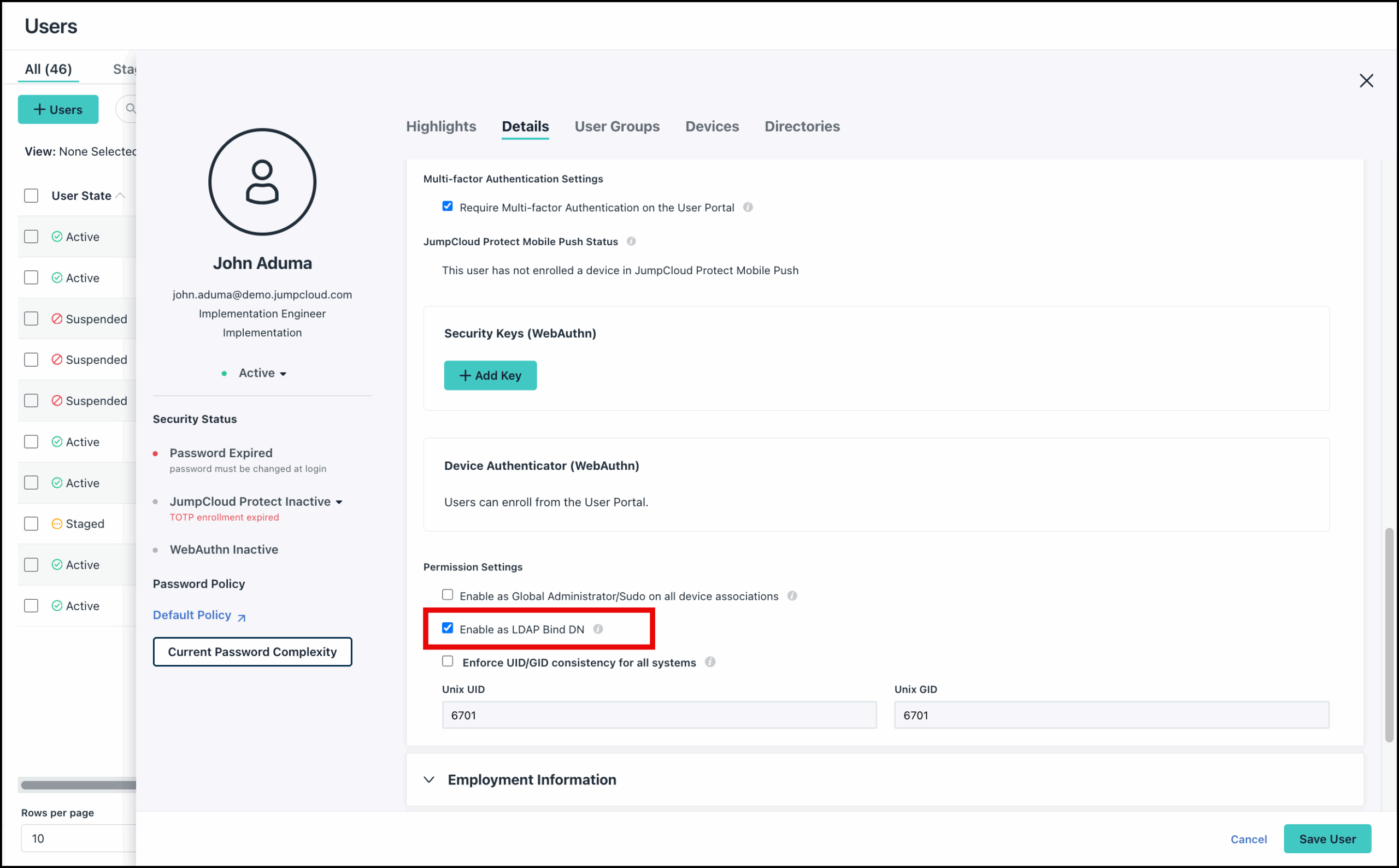 This image displays the user details with the Enable as Bind DN option highlighted