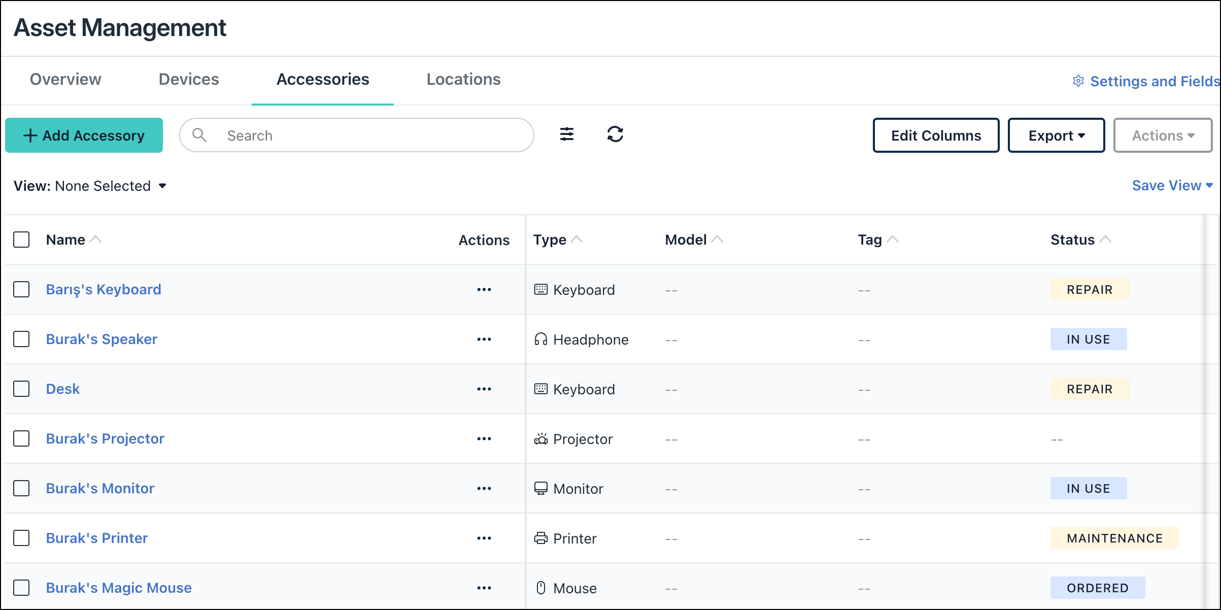 JumpCloud Asset Management Accessories tab listing peripheral inventory items like Keyboards, Headphones, and Projectors, along with their assigned status (Repair, In Use, Maintenance, Ordered).