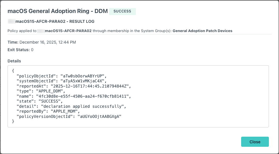 The JumpCloud Policy Results of a successful Automatic macOS Software Updates patch management policy to a Mac.