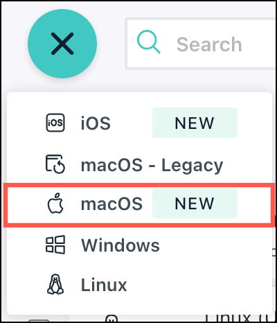 Clicking (+) to add a patch policy shows the list of available platforms, iOS, macOS, Linux, and Windows.