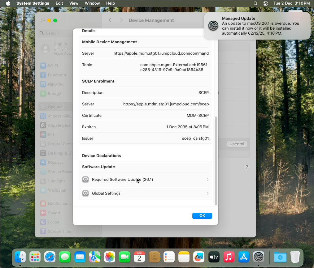 The MDM Enrollment Profile window in System Settings on a Mac with a patch policy successfully applied. Software Updates appears under Device Declarations > Software update.