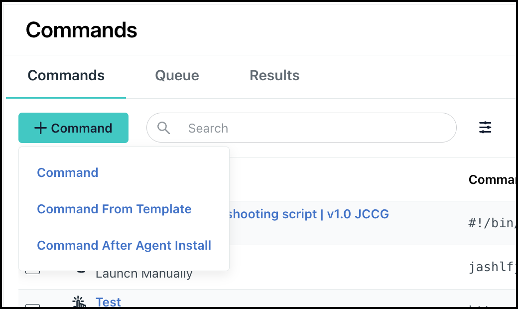 The image displays the Commands button with the ioptions.