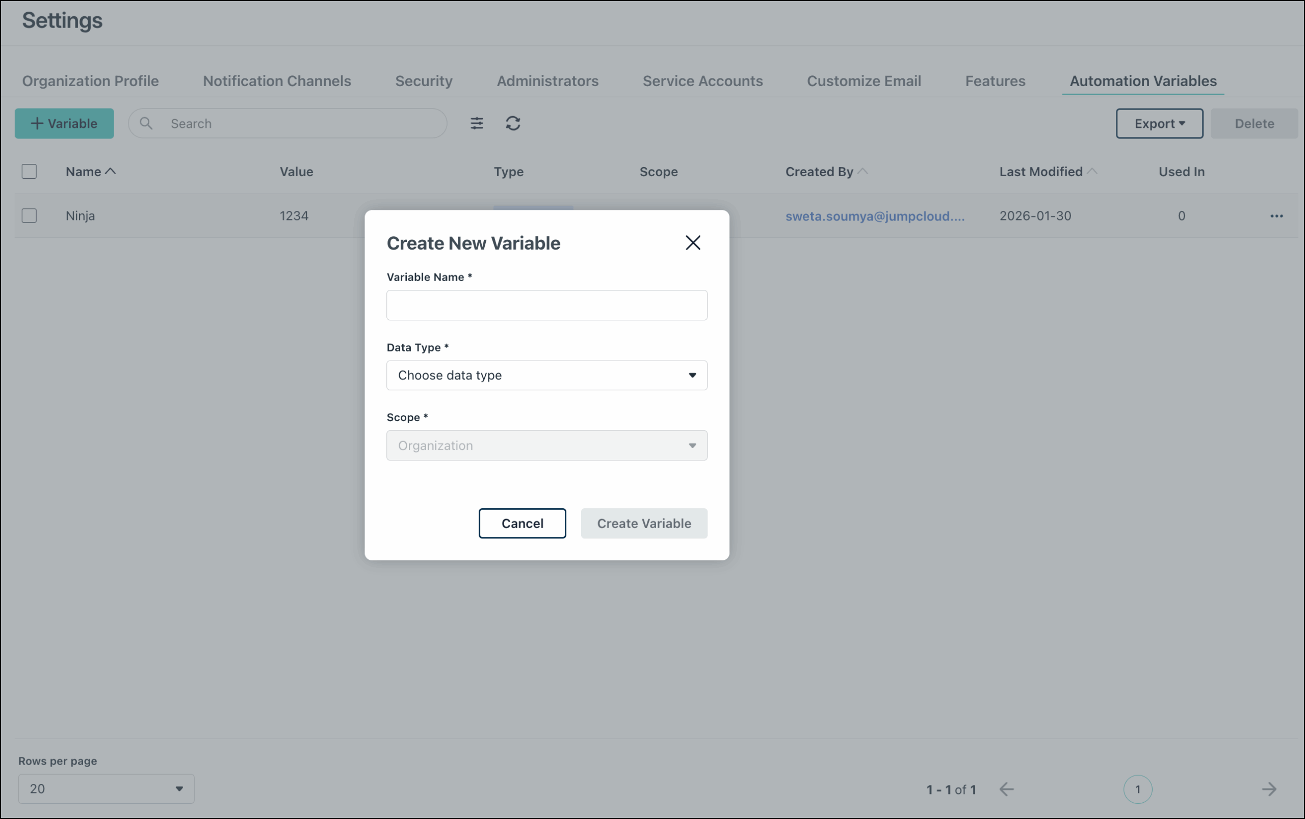 This image displays the Create Variable.