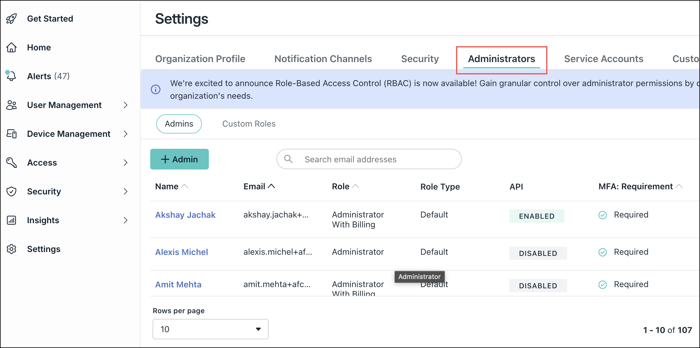 A screenshot showing Administrators tab in Settings on Jumpcloud Admin portal.