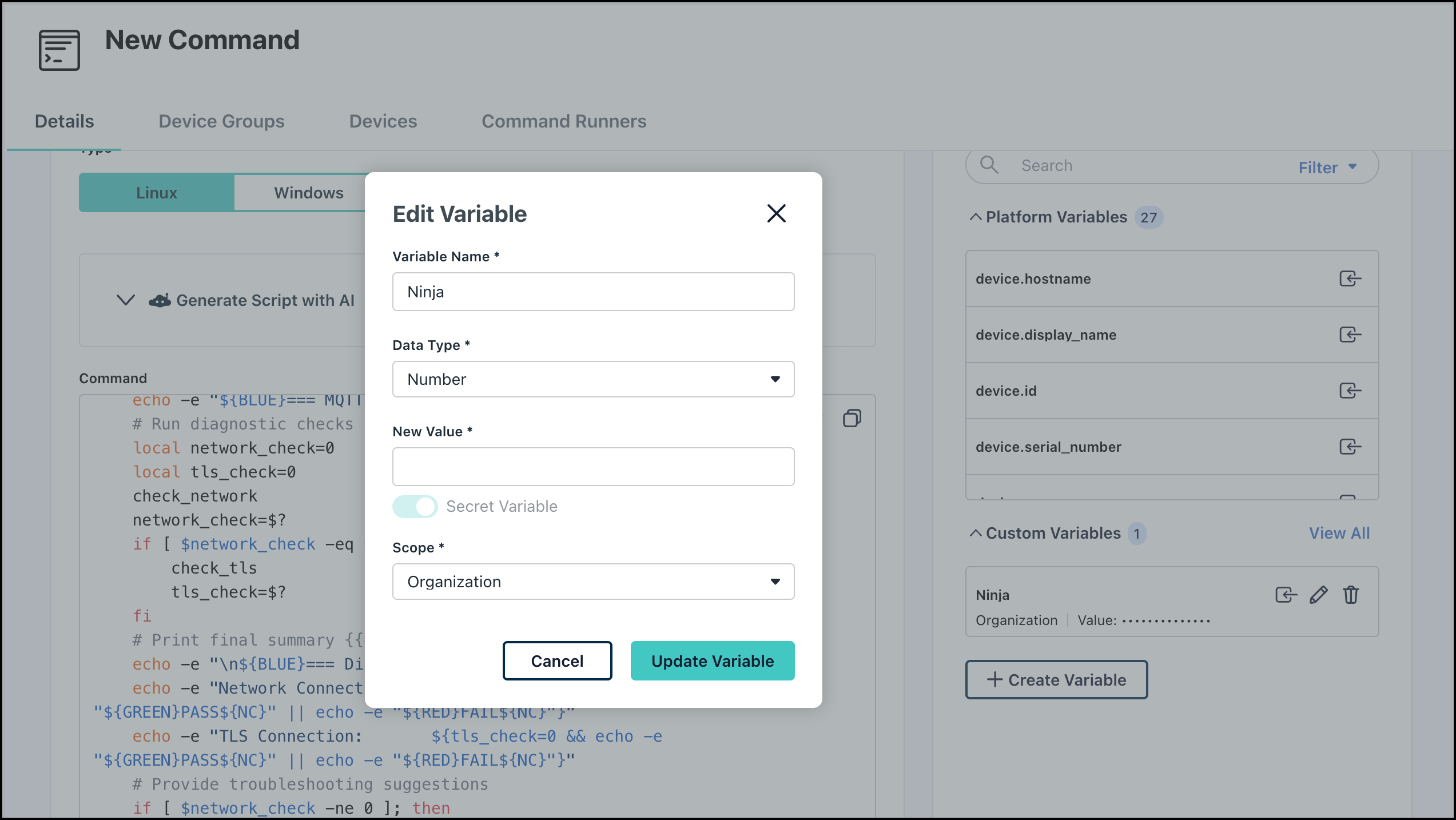 The image displays the edit variables dialog in Commands