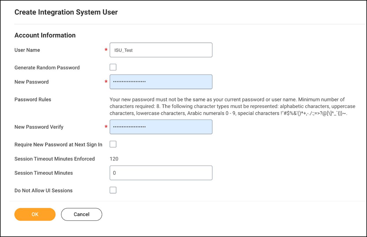 Workday account information screen for creating an Integration System User.