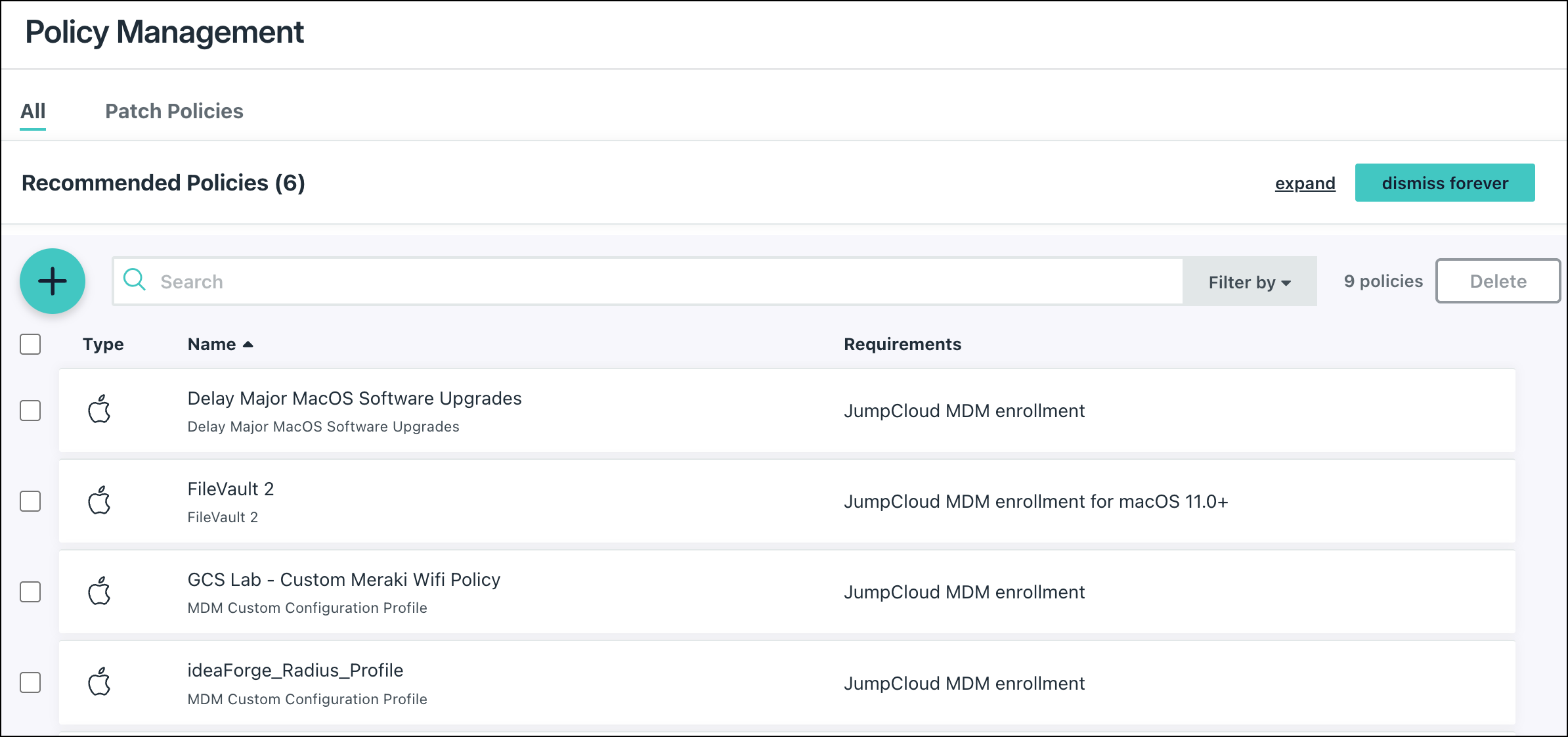 JumpCloud Enterprise Portal Policy Management dashboard showing a list of policies with specific labels for Enterprise and individual Organizations.