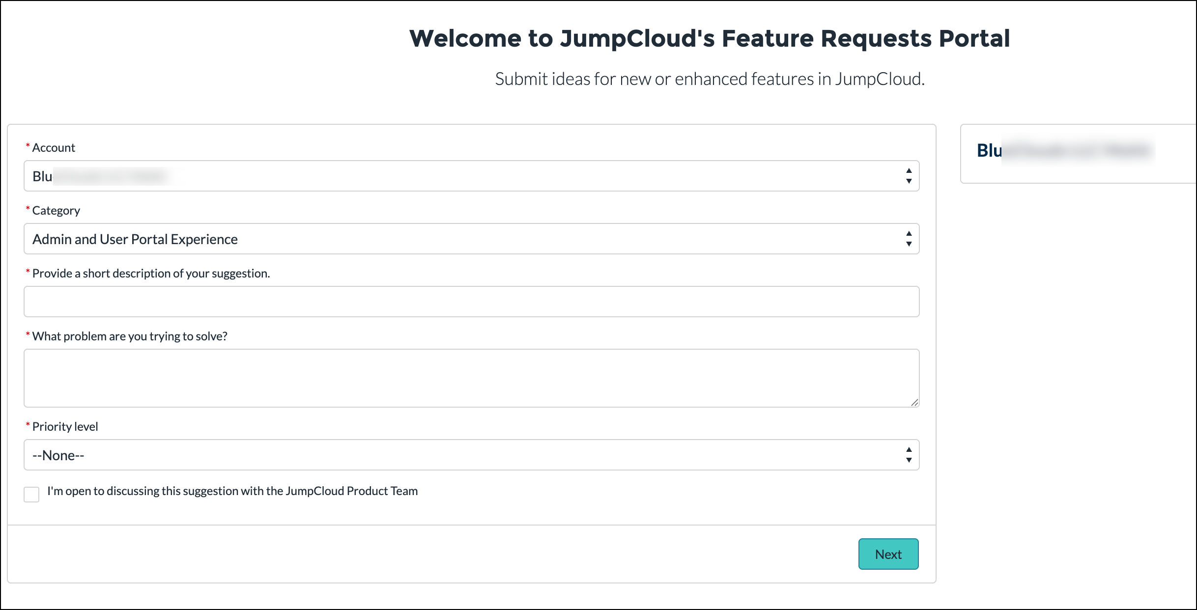 Feature request form with Account and Category fields populated.