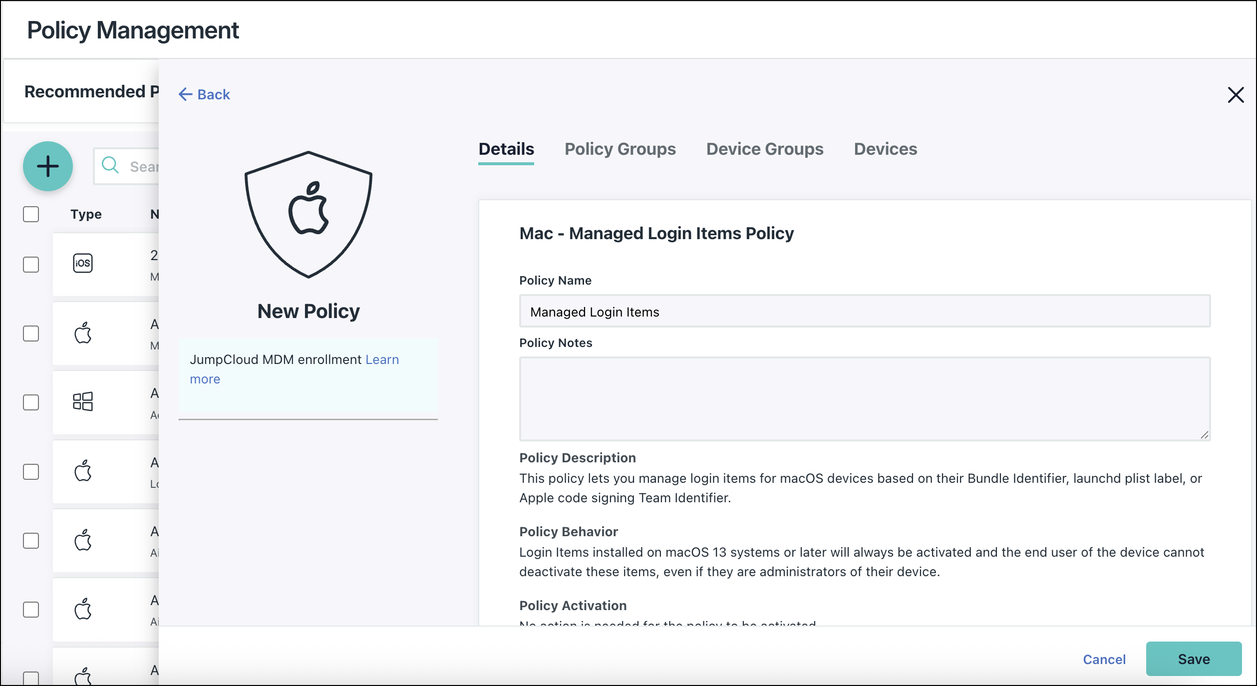 A screenshot showing Managed Login Items Policy for a Mac in JumpCloud Admin portal