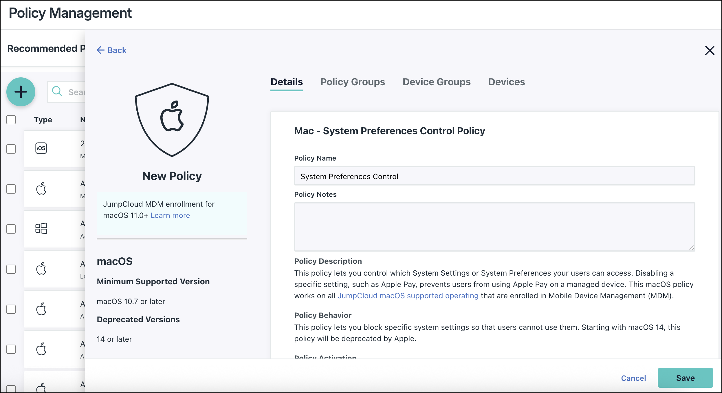 A screenshot showing the System Preferences Control Policy for Mac on JumpCloud Admin Portal.