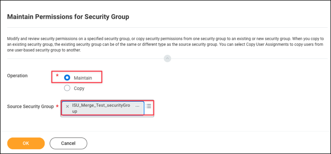 Workday configuration screen for maintaining security group permissions with "Maintain" and a source group selected.