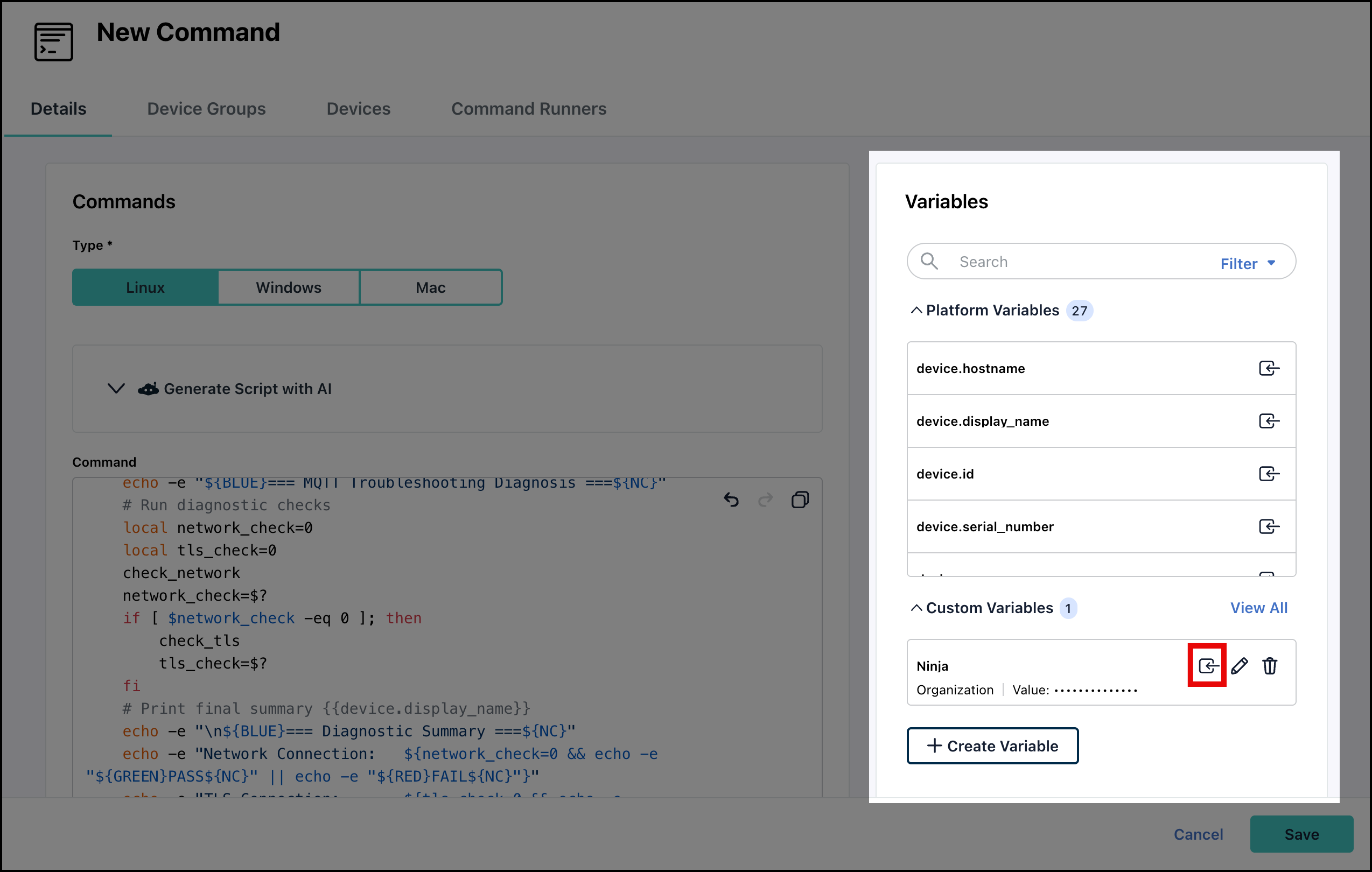 This image displays the Variables section of the Commands page with Insert icon highlighted.