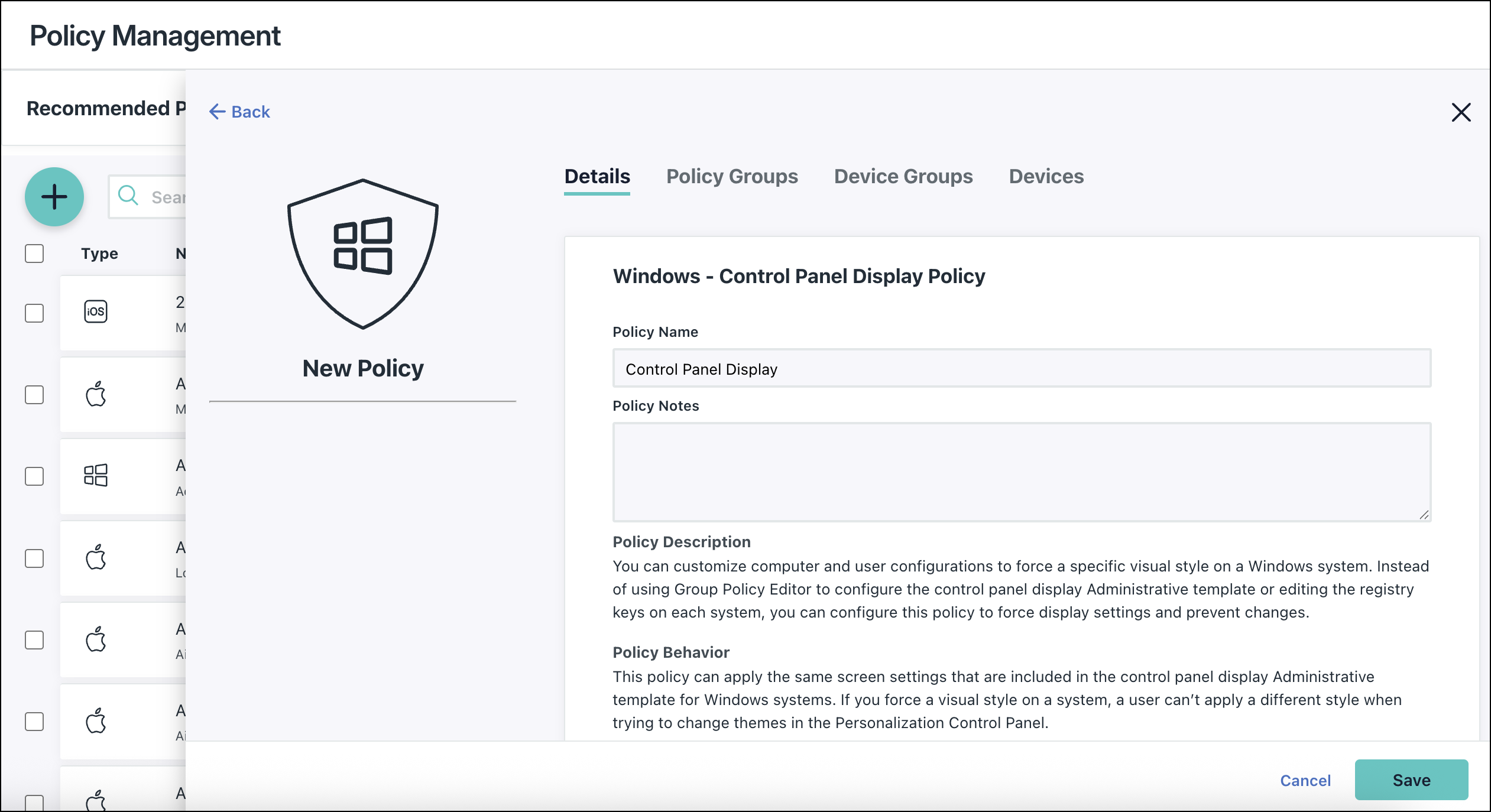 A screenshot showing the Control panel display policy page in JumpCloud Admin Portal.