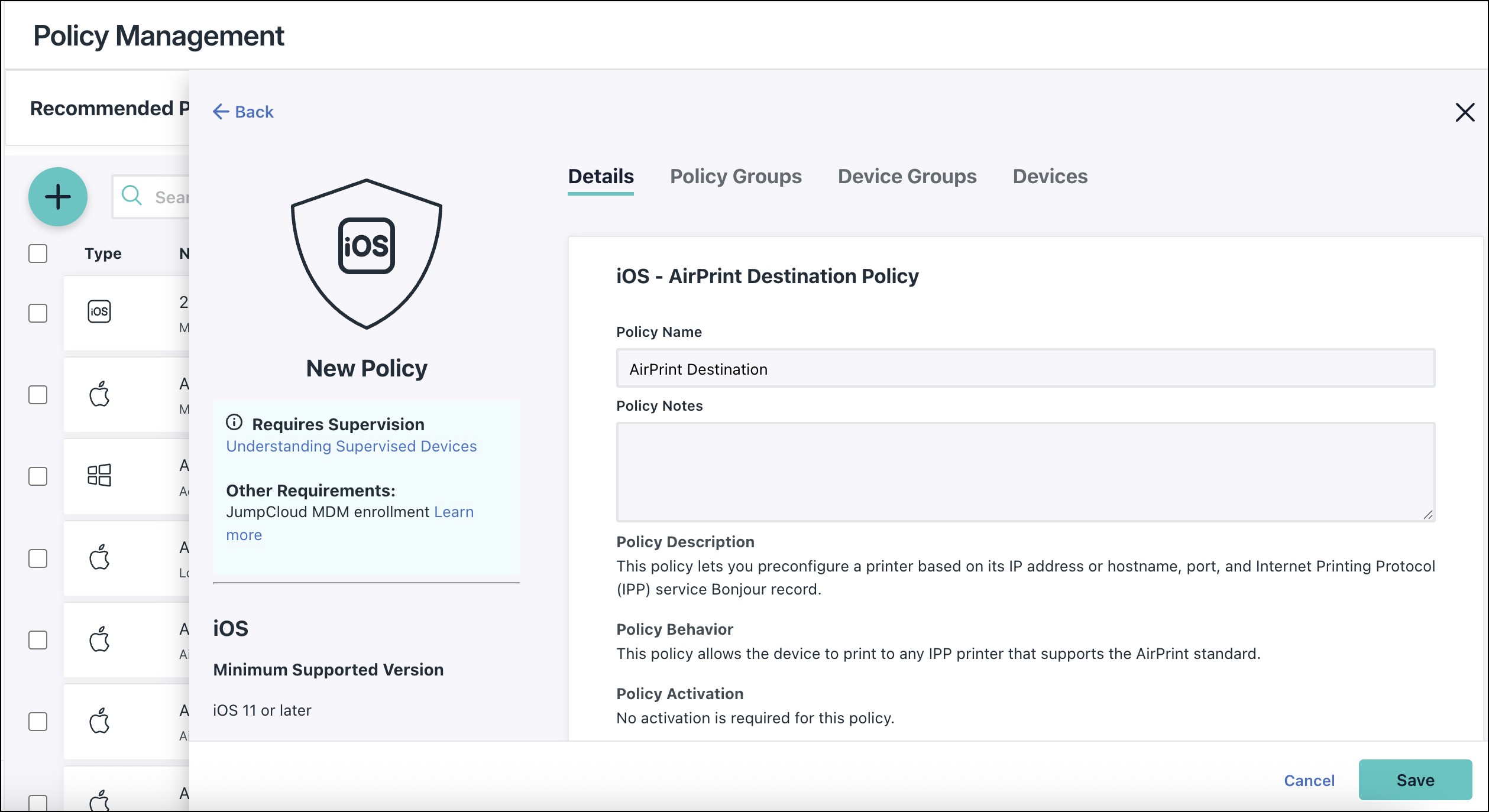 A screenshot showing Airprint destination policy details in JumpCloud Admin portal.
