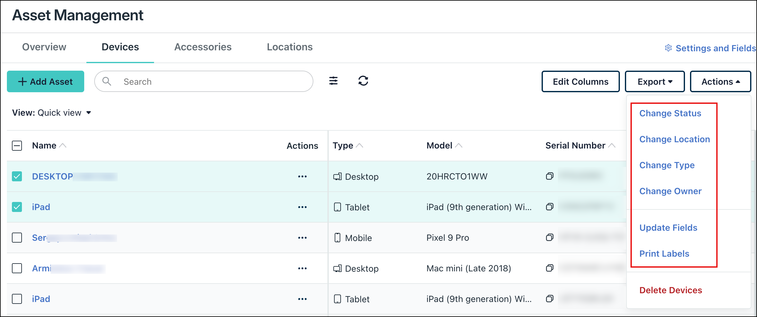 JumpCloud Asset Management interface showing the Actions dropdown menu for selected devices.