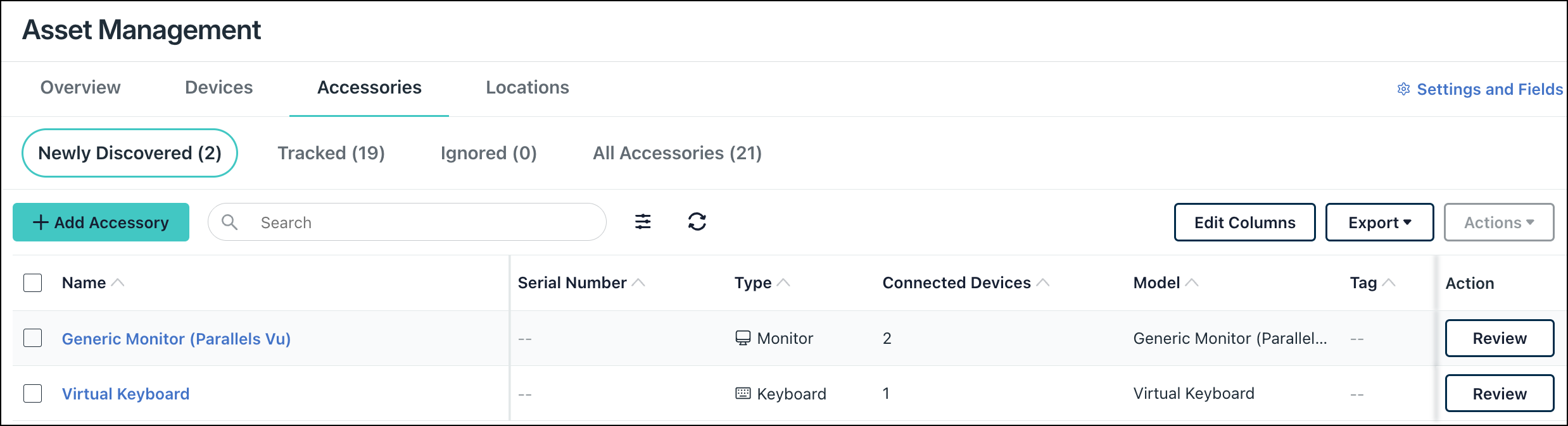 Screenshot of the Asset Management page in the admin portal highlighting the Newly Discovered filter under the Accessories tab.