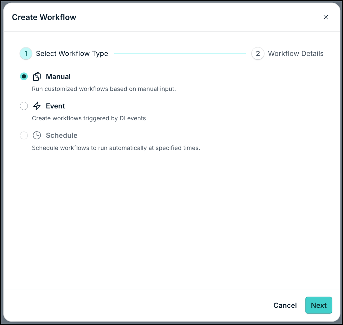 This displays the Create Workflow page with the Manual option selected.