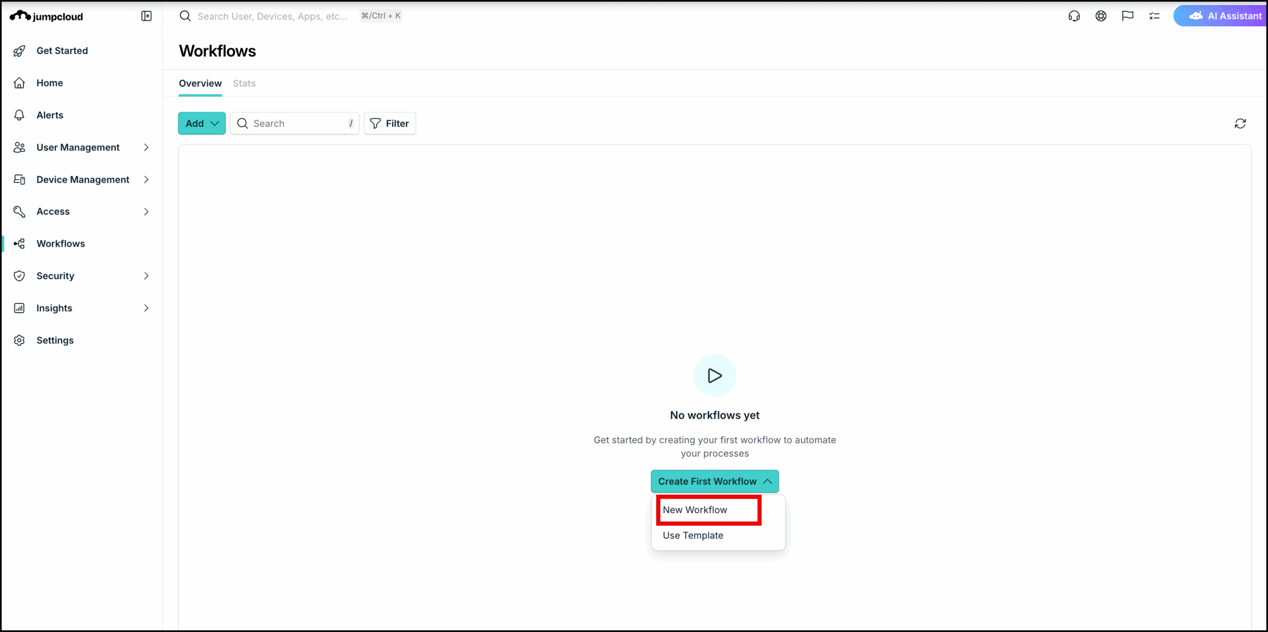 This image displays the Workflows landing page with create workflows options.