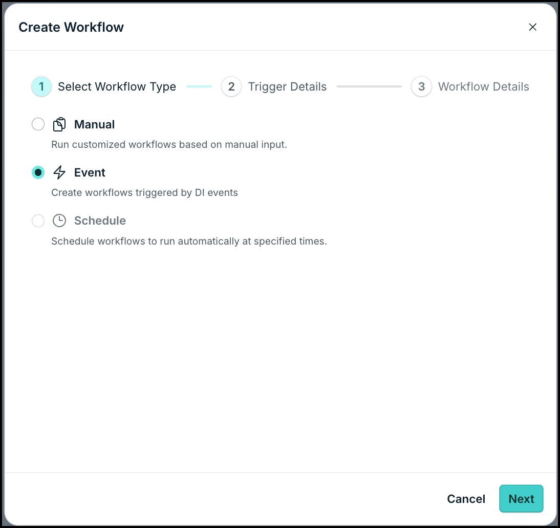 This image displays the Create Workflow page with Event selected