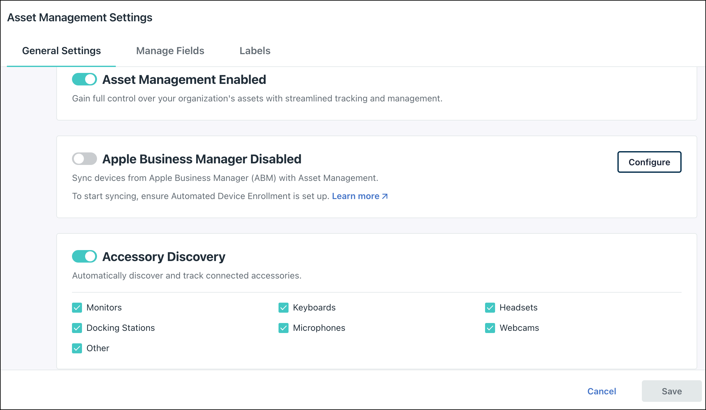 Screenshot of the JumpCloud admin portal showing the Accessory Discovery toggle enabled and all accessory category checkboxes selected.
