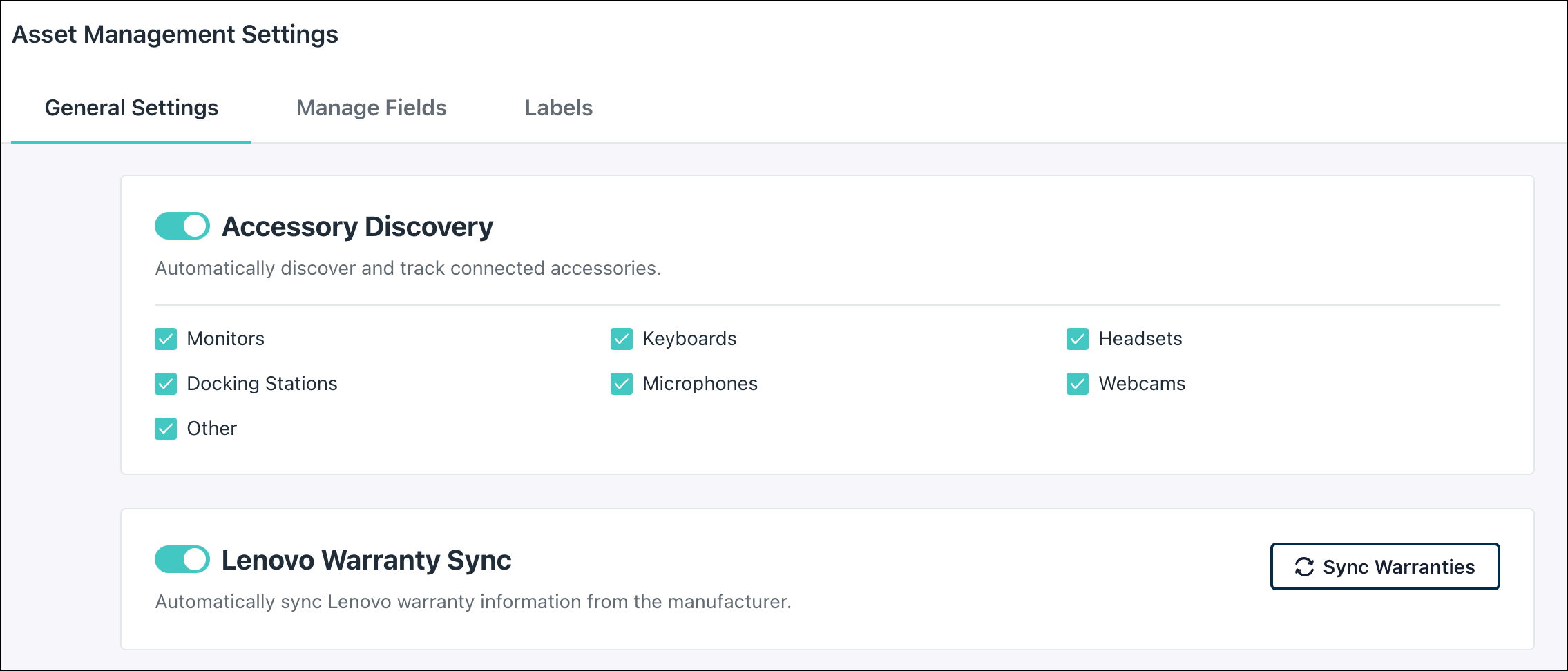 Screenshot of the Asset Management Settings page showing the Accessory Discovery criteria checkboxes and the Lenovo Warranty Sync feature panel.