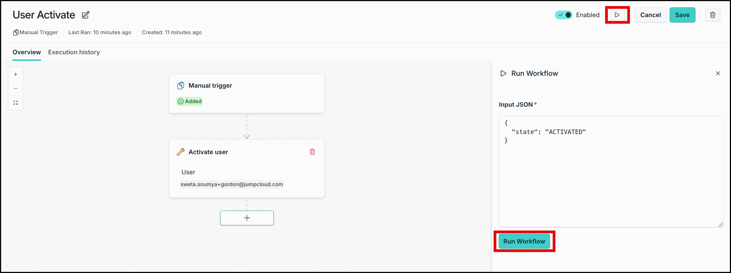 This image displays the Run Workflow button highlighted.