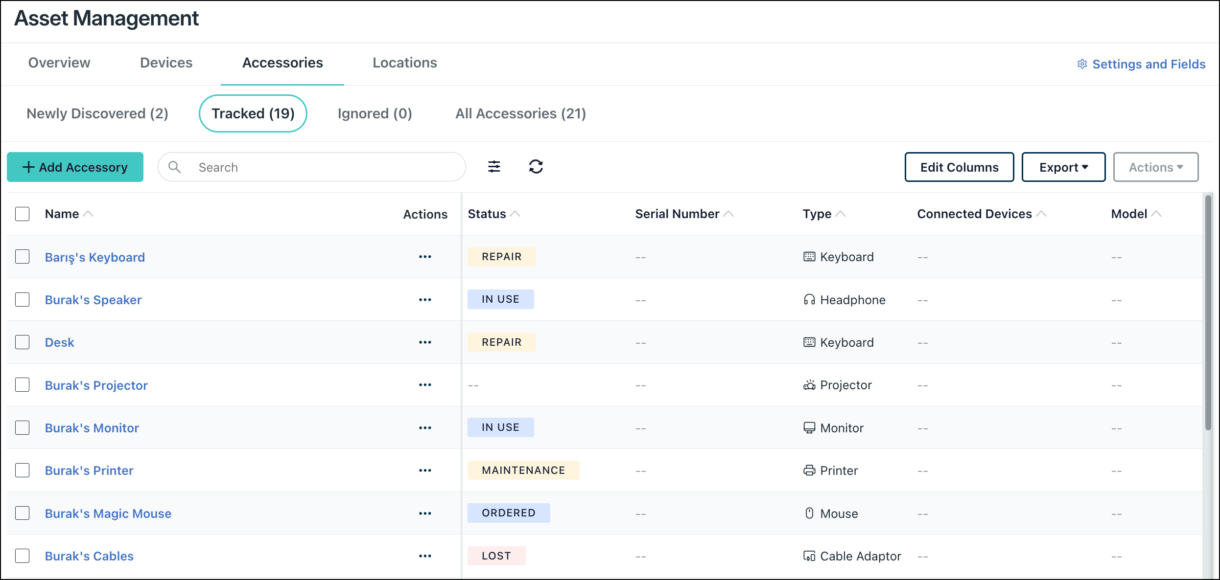 Screenshot of the Asset Management page in the admin portal highlighting the list of hardware items under the Tracked sub-tab.